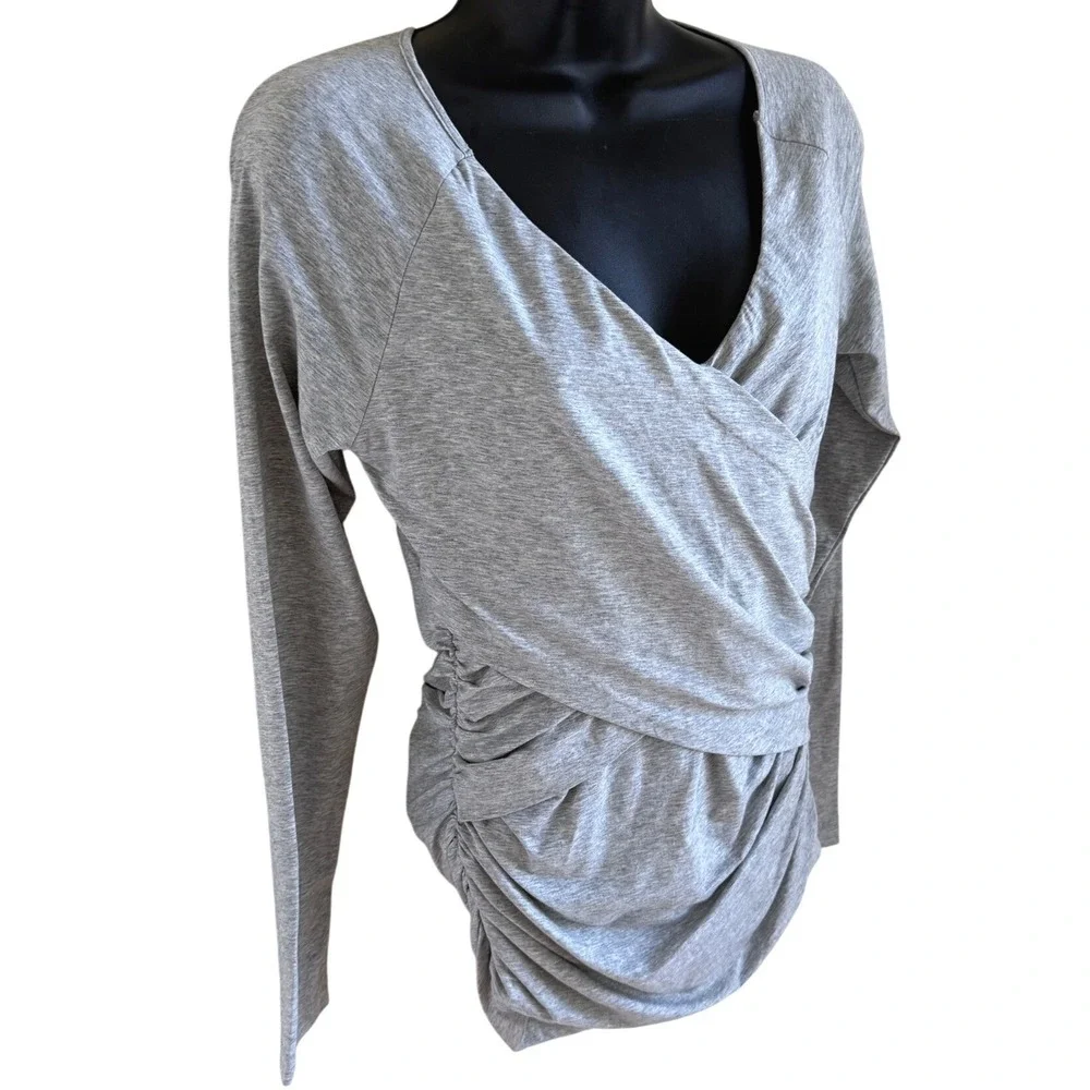 Quiet‎ Luxury Romantic Academia Ruched Wrap Long Sleeve Top Gray Sundance Small - Picture 3 of 5